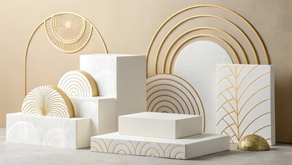 Fototapeta premium Minimalist Geometric Design White Paper Blocks with Gold Accents V7