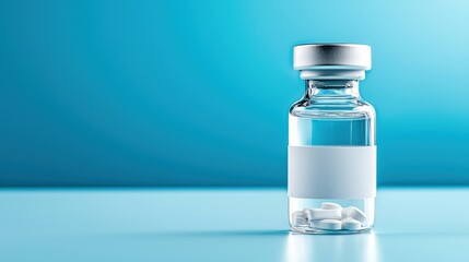 Clear Medicine Bottle with Pills and Light Blue Background