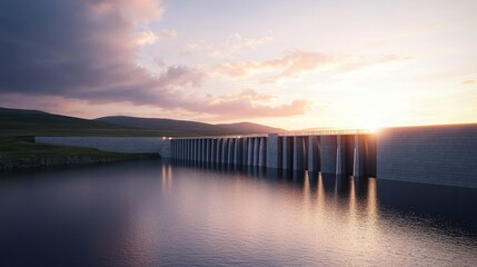 A serene landscape featuring a dam at sunset, reflecting in still water, surrounded by rolling hills and dramatic clouds.