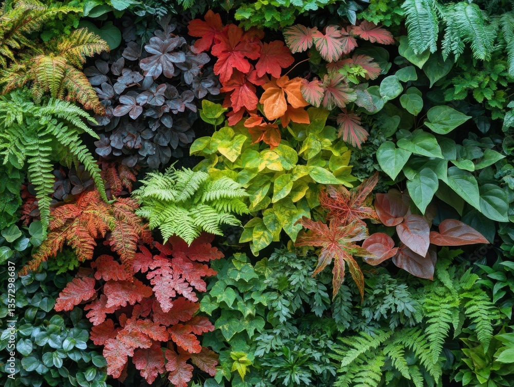 Poster lush botanical tapestry displaying a diverse array of vibrant foliage with ferns and colorful leaves