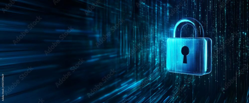 Poster a digital lock symbolizes security in technology, representing data protection and privacy in a worl