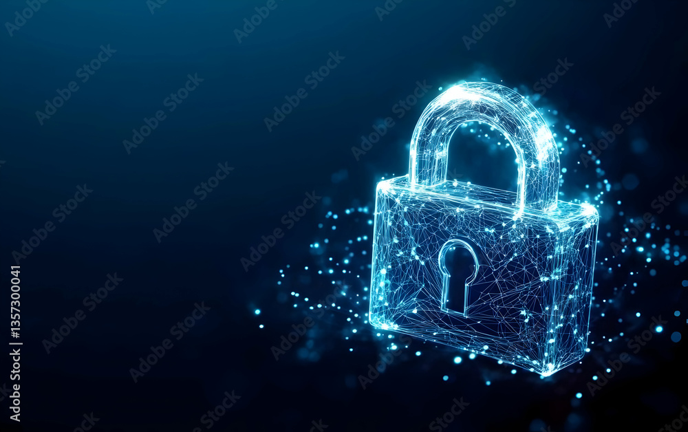 Poster a digital padlock made of glowing particles, symbolizing security and data protection in the digital