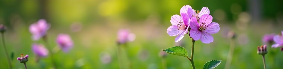 Beautiful wild mallow flowers blooming in a field, with delicate purple petals and green leaves,  nature,  organic