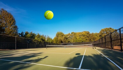 a tennis ball bounces off a well used racket on an outdoor court under clear blue skies showcasing the sports dynamic energy during an afternoon match