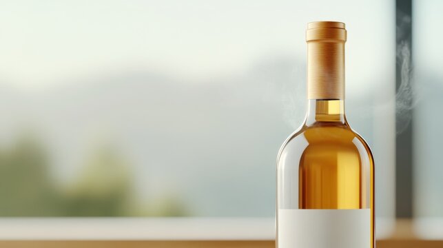A close-up of a wine bottle being uncorked steam releasing into the air showcasing a rich vintage wine on a rustic wooden table background