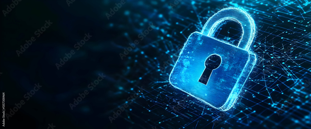 Poster a digital padlock symbolizing cybersecurity and data protection in a high-tech environment.