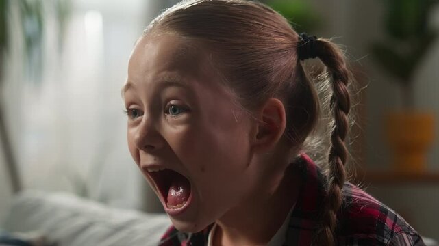 Close up portrait stressed child little Caucasian kid girl daughter baby irritated rage made fear afraid stress loud yelling screaming shout at home pediatric family custody problem yelling shouting