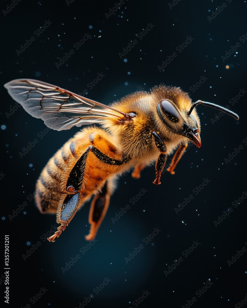 Poster detailed macro shot of a honeybee in flight against a dark background showcasing intricate details a