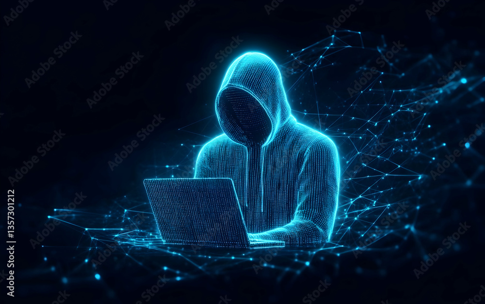 Poster a digital representation of a hacker in a hooded sweatshirt, working on a laptop amidst glowing data