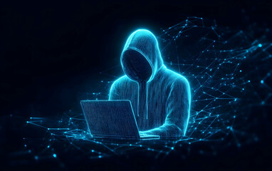 A digital representation of a hacker in a hooded sweatshirt, working on a laptop amidst glowing data and network connections.