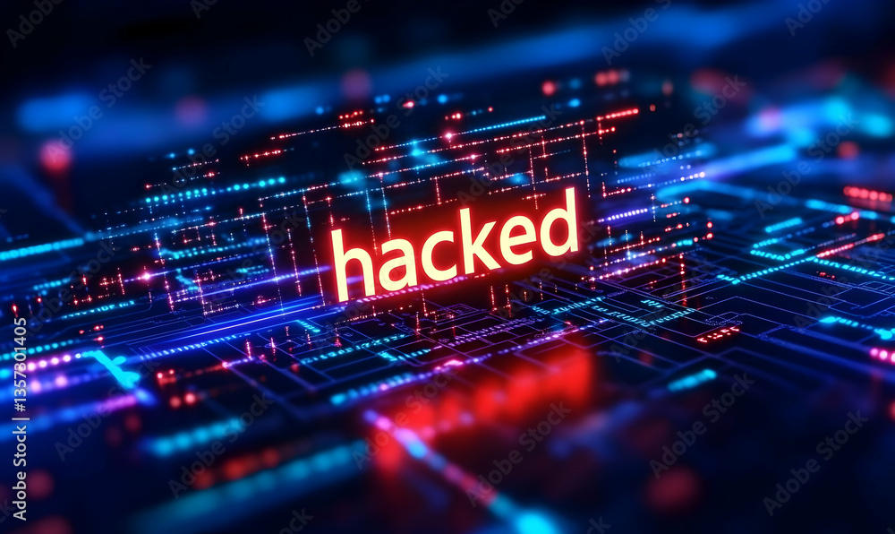 Poster a digital representation of cybersecurity threats showcasing the word 'hacked' amidst vibrant blue a
