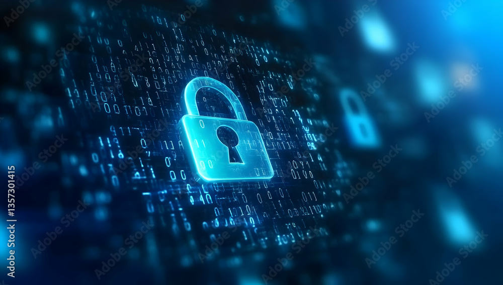 Poster a digital representation of cybersecurity with glowing padlock icons on a blue background conveying 