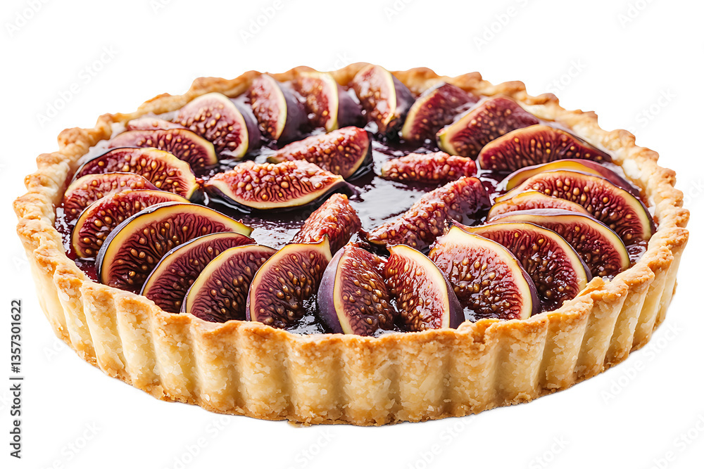 Poster a close up view of a fig tart with a golden crust and sliced figs on a dark background surface