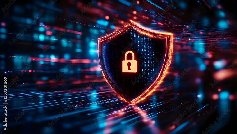 Poster a digital shield icon with a padlock, representing cybersecurity and data protection in the digital 