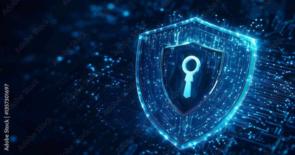 Poster a digital shield representing cybersecurity with a key symbol, illustrating data protection and onli