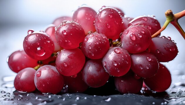 close up of a bunch of red grapes glistening with water droplets the image showcases the vibrant color and juicy texture of the fruit
