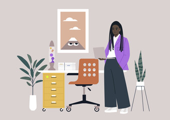 In a contemporary office space, a character stands by a desk with a laptop, focused on work, The environment is enhanced by plants and decorative art, creating an inspiring atmosphere