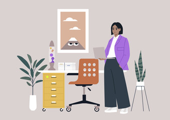 In a contemporary office space, a character stands by a desk with a laptop, focused on work, The environment is enhanced by plants and decorative art, creating an inspiring atmosphere
