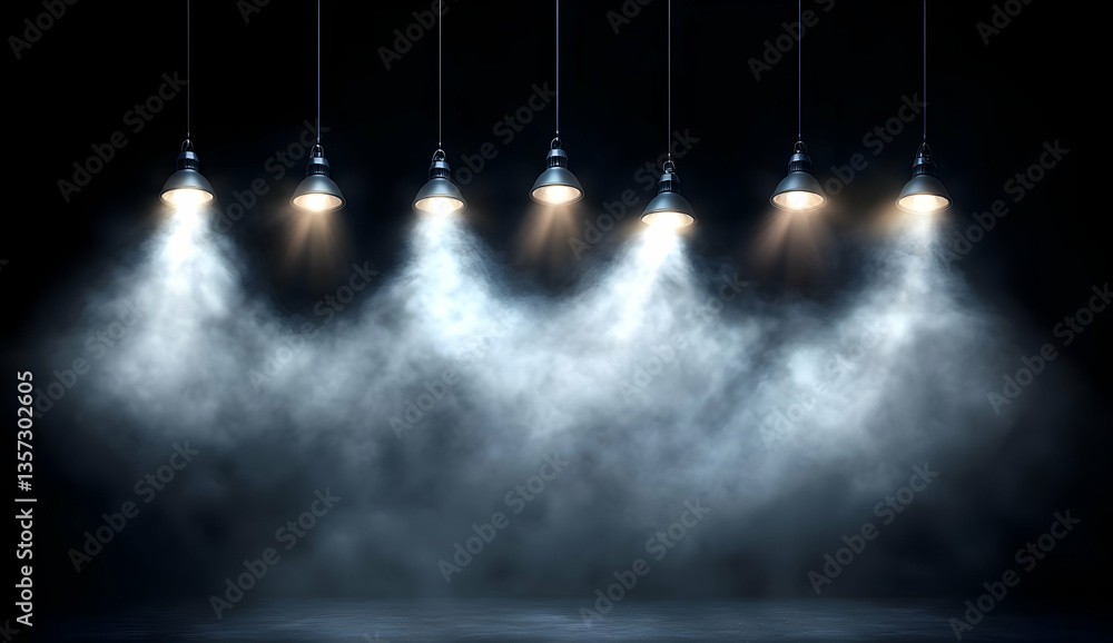 Poster a dramatic display of hanging lights casting beams of light through mist, creating an atmospheric sc