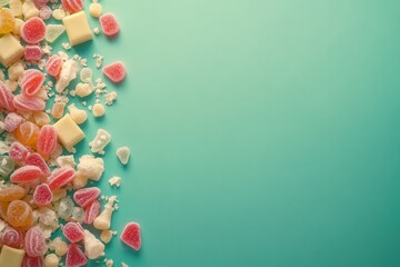 Obraz premium Colorful Assortment of Candy and Gummies on Bright Turquoise Background