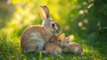 Fototapeta premium A sweet moment of a mother rabbit cuddling her baby bunnies, with soft fur and a serene atmosphere 