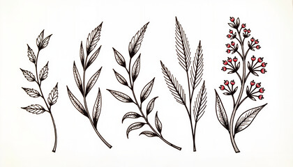 Obraz premium Botanical Illustrations of Various Weeds in Black and White 