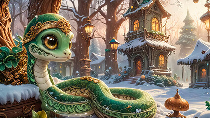 Obraz premium Portrait of a green snake in a Santa hat, Symbol of the year according to the Eastern calendar