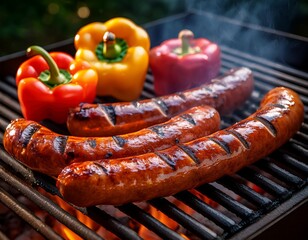 grilled sausages sizzle with colorful peppers on a hot grill promising a delicious and smoky flavor experience perfect for summer barbecues