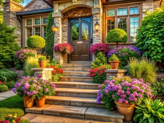Obraz premium Elegant Front Door Steps Landscaping Ideas: Stone Pathway & Lush Greenery