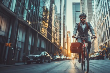 A professional cyclist rides through a busy city street, flanked by tall buildings, in a stylish suit and helmet, showcasing urban commuting and lifestyle.