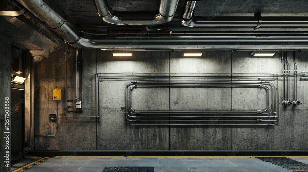 Aufkleber a system of pipes running along a wall in a modern building.