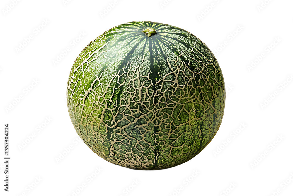 Poster a single whole cantaloupe melon with green rind and light colored netting on a black background isol