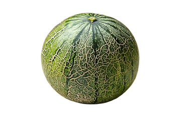 A single whole cantaloupe melon with green rind and light colored netting on a black background isolated