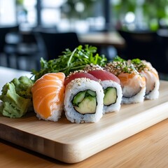 Restaurant Sushi Platter Salmon, tuna rolls, modern eatery