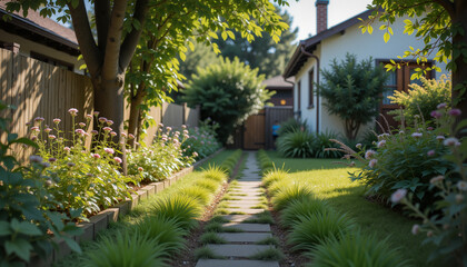 Obraz premium Lush garden pathway leading to a home under clear skies 