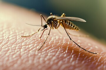 Close-up view of a mosquito feeding on human skin, highlighting detail and natural surroundings
