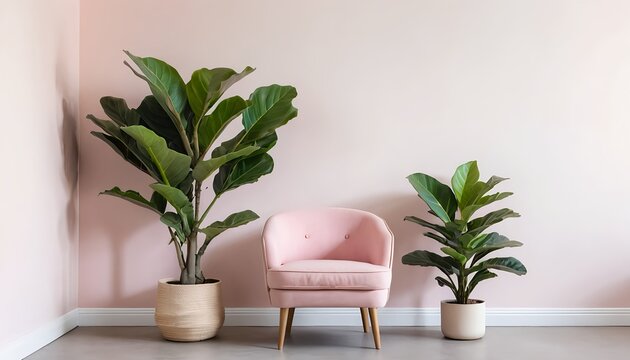 Pink Armchair and Fiddle Leaf Figs in Pastel Pink Room