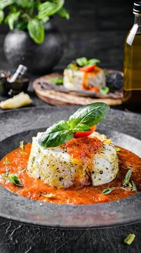 Steamed cod fillet nestled on vibrant tomato sauce, garnished with fresh basil, exemplifying elegant seafood cuisine.