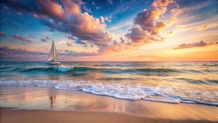 Serene Sunset Sailboat on Ocean Waves at Golden Hour Beach