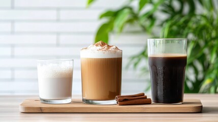 A coconut cold brew coffee topped with coconut foam served in clear glasses on a wooden tray for a refreshing beverage experience in summer