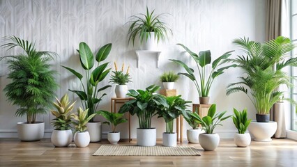 A Serene Indoor Oasis Featuring a Collection of Lush Green Potted Plants Arranged Against a Textured White Wall