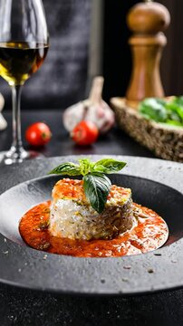 Gourmet dish of baked white fish fillet with rice and tomato sauce, garnished with fresh basil leaves, served on a dark plate.