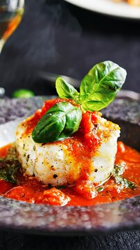Close up of a delicious white fish fillet seasoned with tomato sauce, basil leaves, and spices.