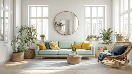 A contemporary living room with pale wooden floors and white walls, flooded with sunlight from large windows
