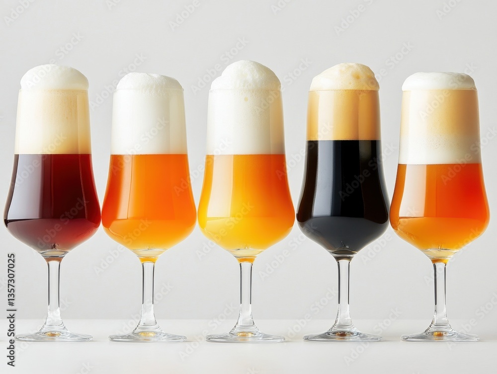 Poster five glasses of different beers with creamy foam in a row on a bright white background showcasing di