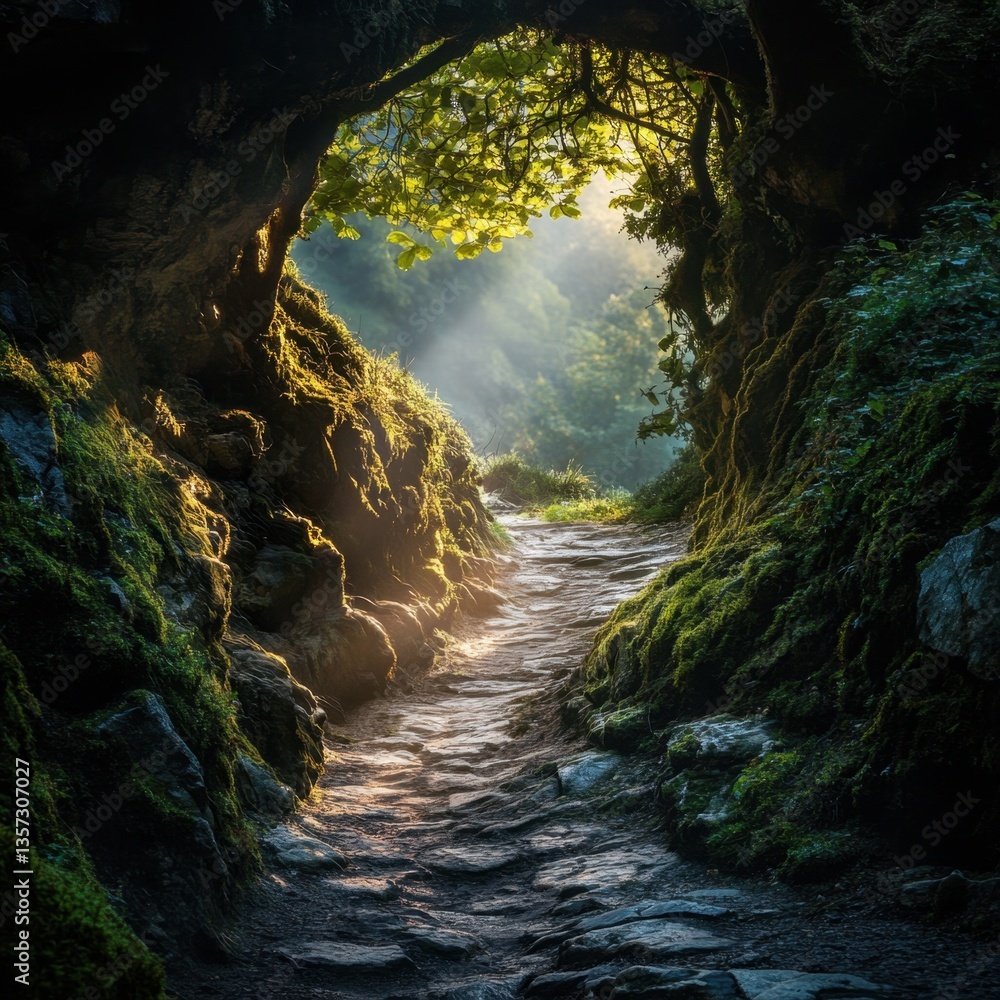 Poster enchanting stone path through mossy forest tunnel with sunlit foliage and misty background creating 