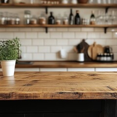Rustic Kitchen Interior with Wooden Countertop and Blurred Background of Shelves and Tile Wall for Product Display
