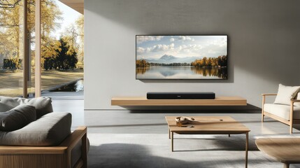 A contemporary living room with a wall-mounted soundbar and a large flat-screen TV displaying a tranquil lakeside view