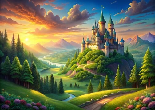 Panoramic Fairytale Castle Landscape: Once Upon a Time Storybook Setting