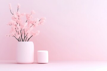 Fototapeta premium Pastel pink minimalist scene with cherry blossom arrangement